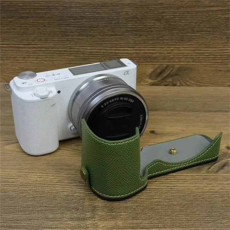 For Sony ZV-E10 PU Leather Bottom Case Battery Opening Design Camera Half Body Cover with Hand Strap
