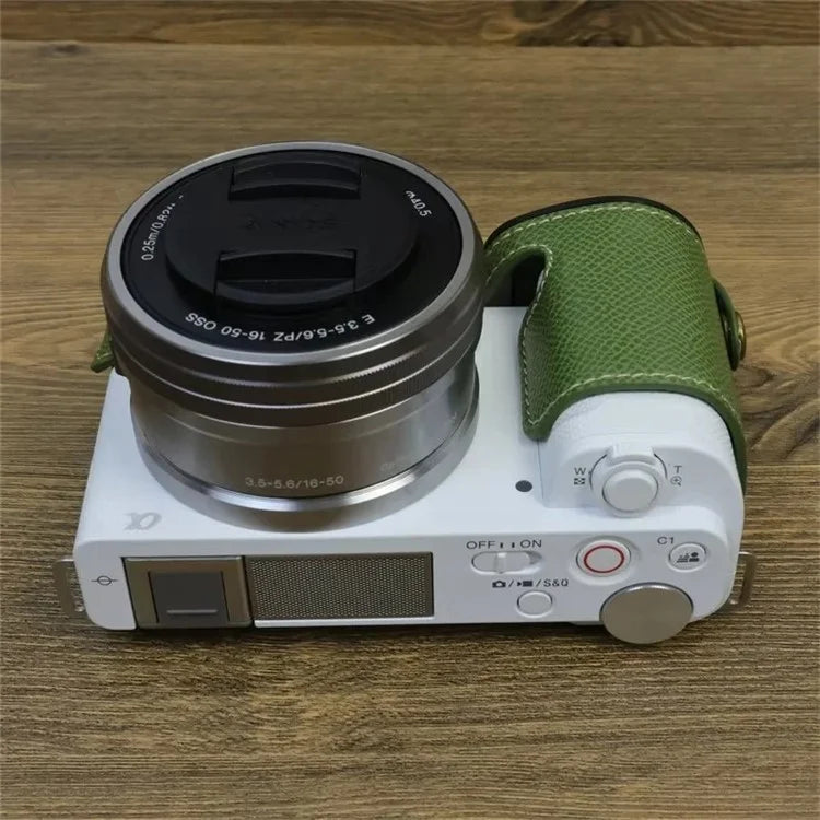 For Sony ZV-E10 PU Leather Bottom Case Battery Opening Design Camera Half Body Cover with Hand Strap