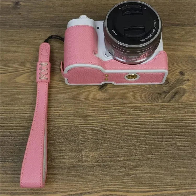 For Sony ZV-E10 PU Leather Bottom Case Battery Opening Design Camera Half Body Cover with Hand Strap