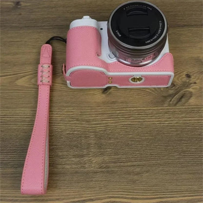 For Sony ZV-E10 PU Leather Bottom Case Battery Opening Design Camera Half Body Cover with Hand Strap