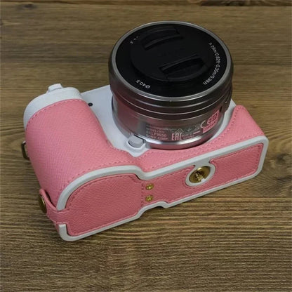 For Sony ZV-E10 PU Leather Bottom Case Battery Opening Design Camera Half Body Cover with Hand Strap