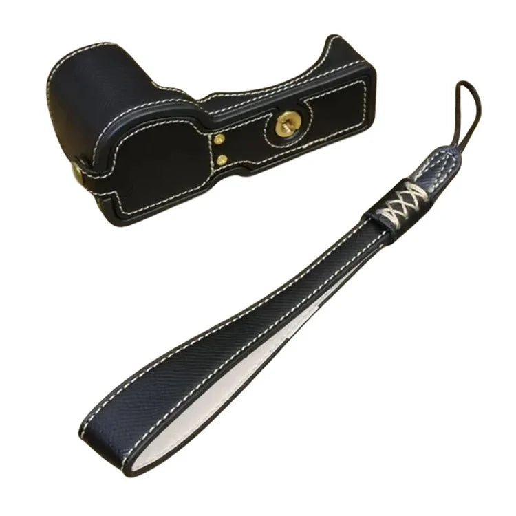 For Sony ZV-E10 PU Leather Bottom Case Battery Opening Design Camera Half Body Cover with Hand Strap