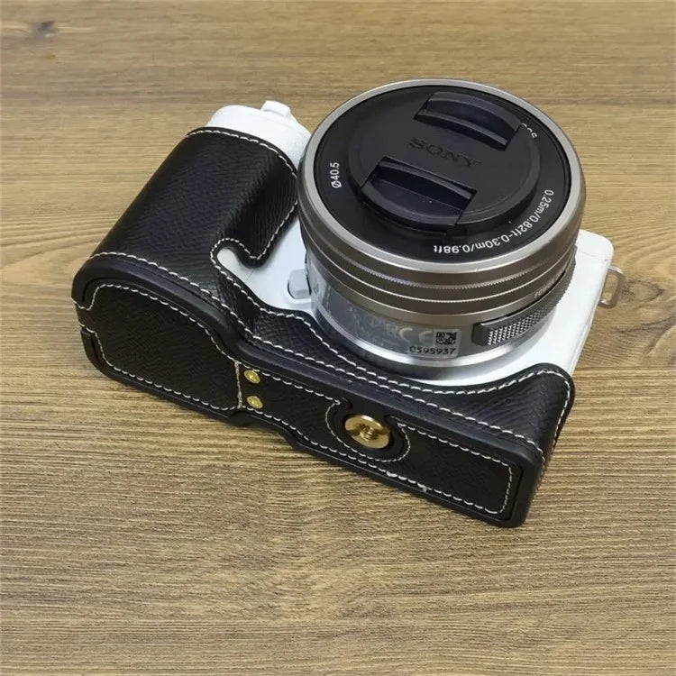 For Sony ZV-E10 PU Leather Bottom Case Battery Opening Design Camera Half Body Cover with Hand Strap