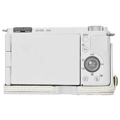 For Sony ZV-E10 PU Leather Bottom Case Battery Opening Design Camera Half Body Cover with Wrist Strap