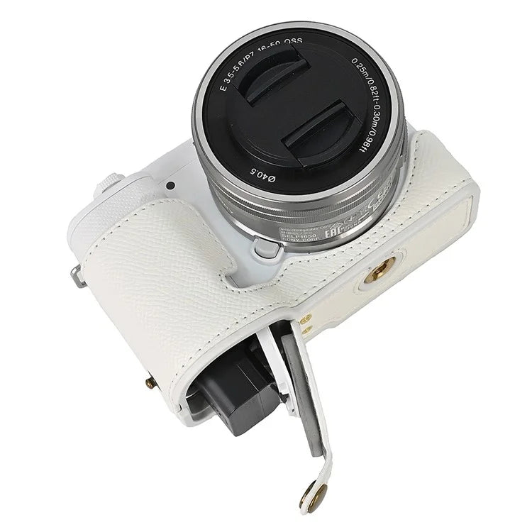 For Sony ZV-E10 PU Leather Bottom Case Battery Opening Design Camera Half Body Cover with Wrist Strap