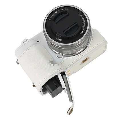 For Sony ZV-E10 PU Leather Bottom Case Battery Opening Design Camera Half Body Cover with Wrist Strap