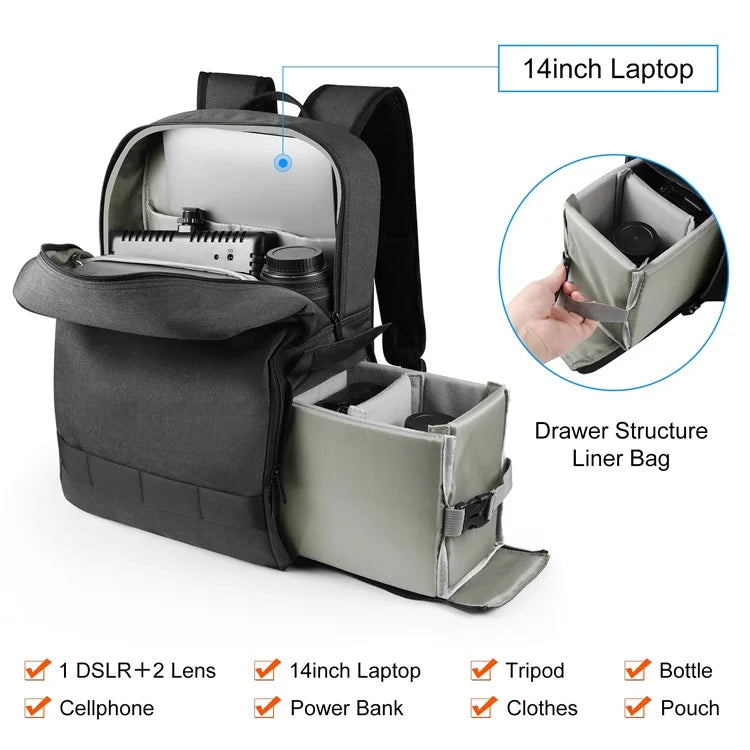 PULUZ PU5017B Camera Backpack Dual Shoulder Straps Camera Case with 14-inch Laptop Compartment