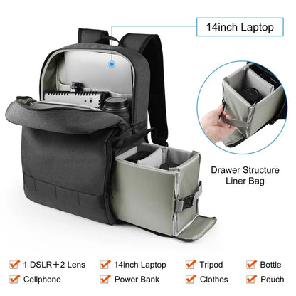 PULUZ PU5017B Camera Backpack Dual Shoulder Straps Camera Case with 14-inch Laptop Compartment