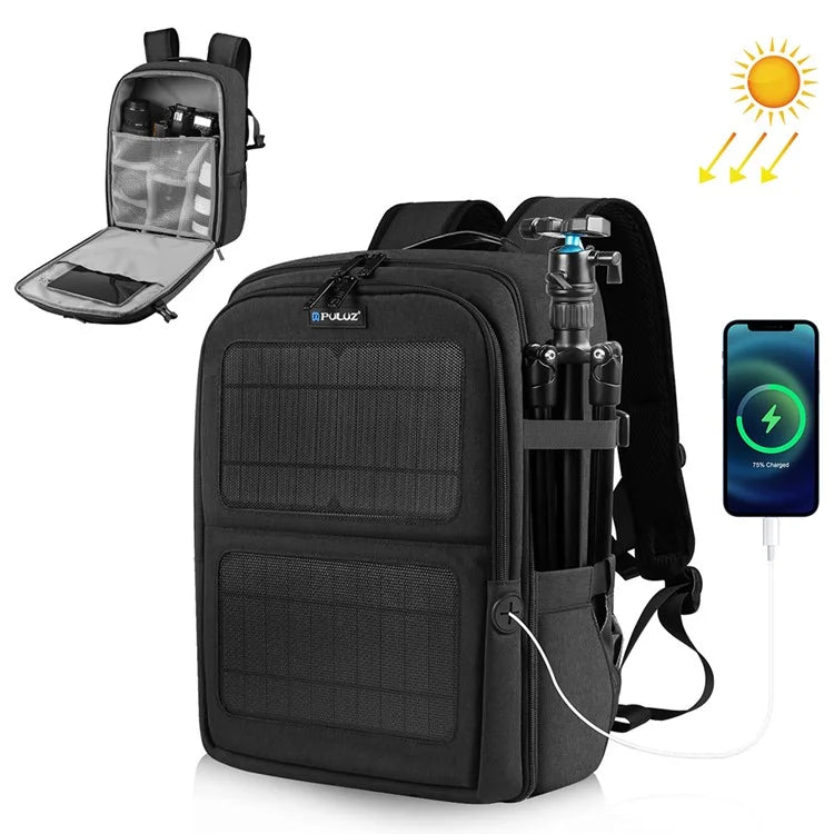 PULUZ PU5018B Camera Backpack with Solar Panel Shoulder Bag for 14-inch Laptop