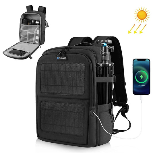 PULUZ PU5018B Camera Backpack with Solar Panel Shoulder Bag for 14-inch Laptop