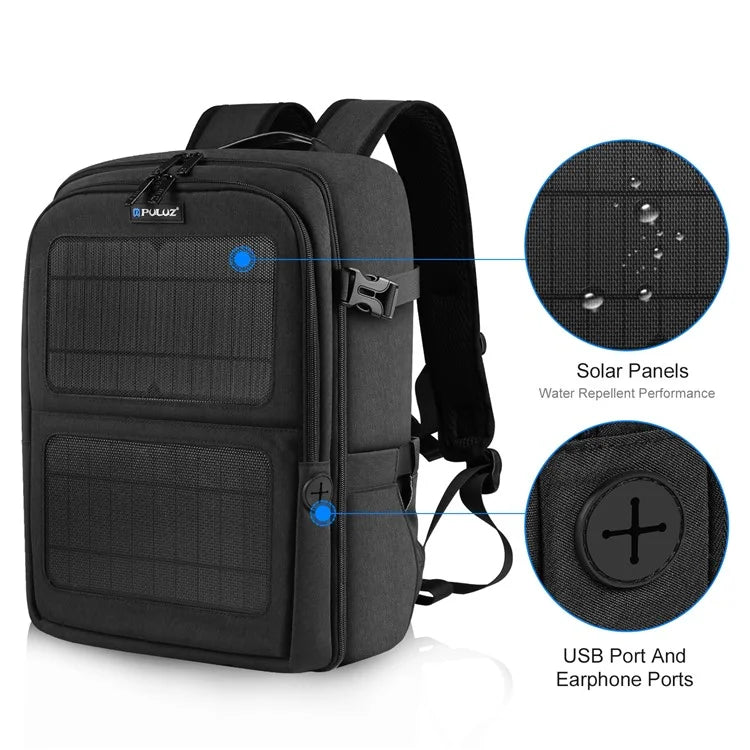 PULUZ PU5018B Camera Backpack with Solar Panel Shoulder Bag for 14-inch Laptop