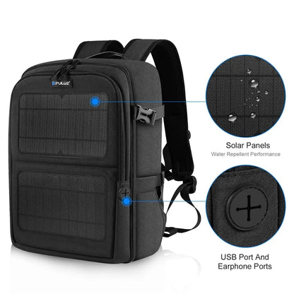 PULUZ PU5018B Camera Backpack with Solar Panel Shoulder Bag for 14-inch Laptop