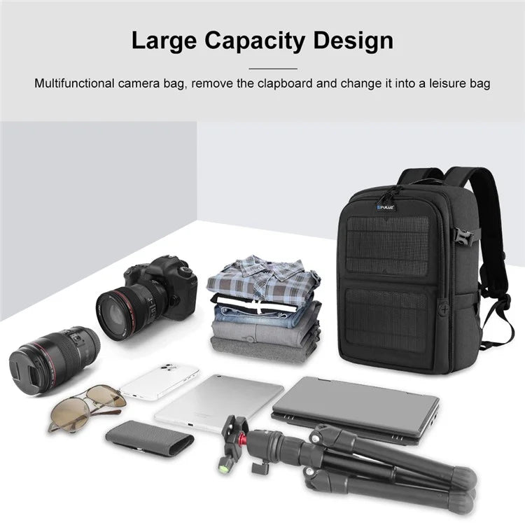 PULUZ PU5018B Camera Backpack with Solar Panel Shoulder Bag for 14-inch Laptop