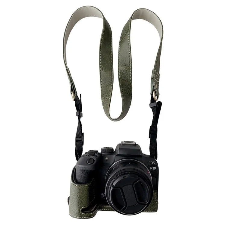 For Canon EOS R10 Buffalo Texture PU Leather Bottom Case Half Body Camera Cover with Shoulder Strap