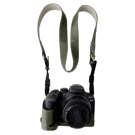 For Canon EOS R10 Buffalo Texture PU Leather Bottom Case Half Body Camera Cover with Shoulder Strap