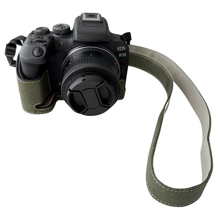 For Canon EOS R10 Buffalo Texture PU Leather Bottom Case Half Body Camera Cover with Shoulder Strap