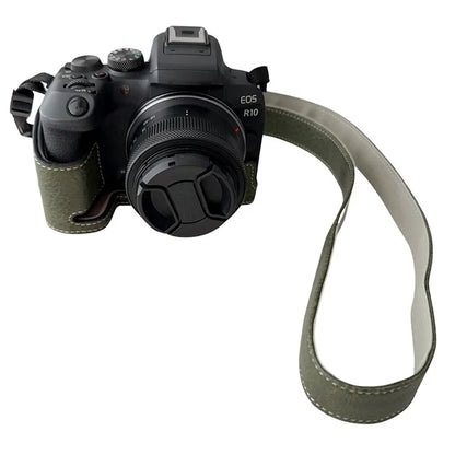 For Canon EOS R10 Buffalo Texture PU Leather Bottom Case Half Body Camera Cover with Shoulder Strap