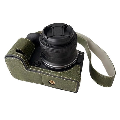 For Canon EOS R10 Buffalo Texture PU Leather Bottom Case Half Body Camera Cover with Shoulder Strap