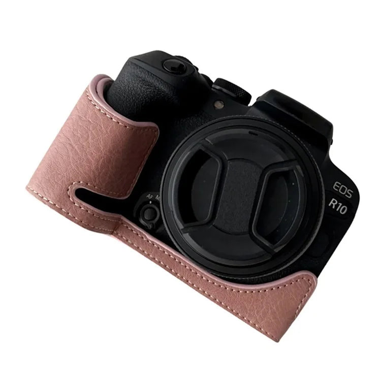 For Canon EOS R10 Buffalo Texture PU Leather Bottom Case Half Body Camera Cover with Shoulder Strap