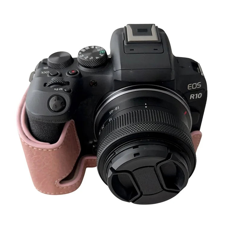For Canon EOS R10 Buffalo Texture PU Leather Bottom Case Half Body Camera Cover with Shoulder Strap