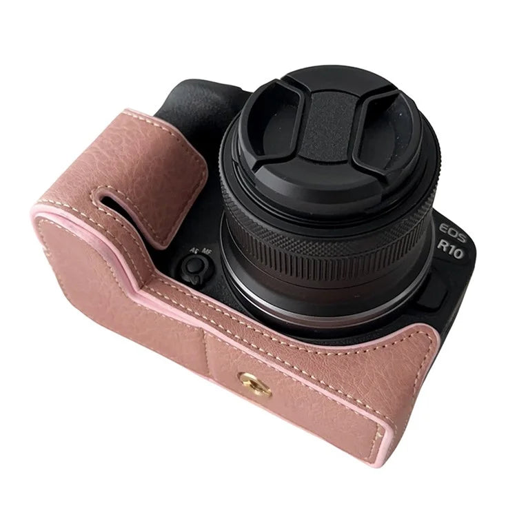 For Canon EOS R10 Buffalo Texture PU Leather Bottom Case Half Body Camera Cover with Shoulder Strap
