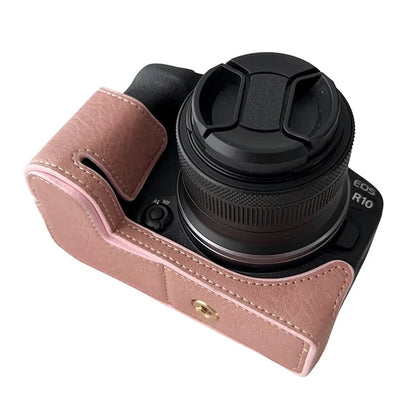 For Canon EOS R10 Buffalo Texture PU Leather Bottom Case Half Body Camera Cover with Shoulder Strap