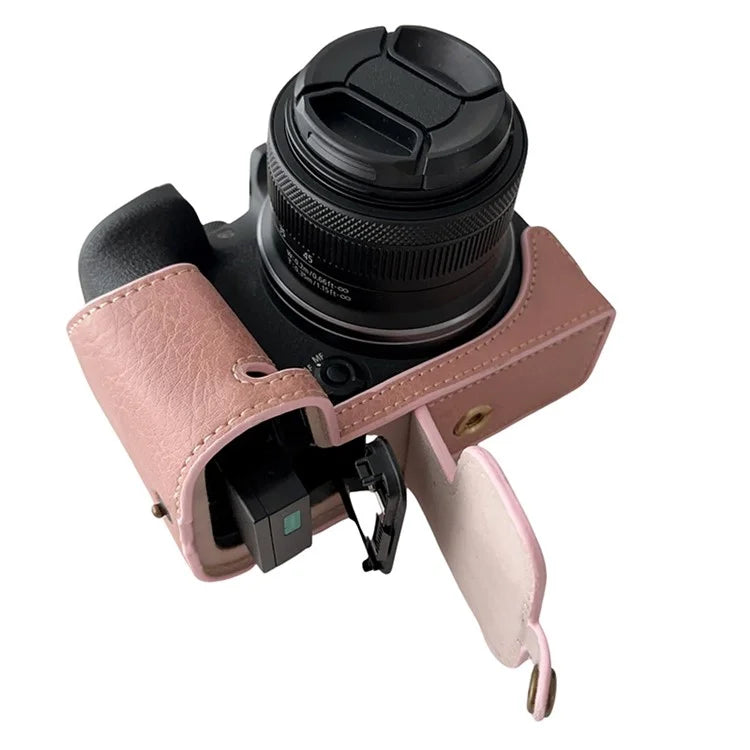 For Canon EOS R10 Buffalo Texture PU Leather Bottom Case Half Body Camera Cover with Shoulder Strap