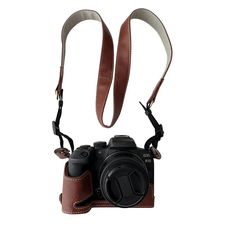 For Canon EOS R10 Buffalo Texture PU Leather Bottom Case Half Body Camera Cover with Shoulder Strap