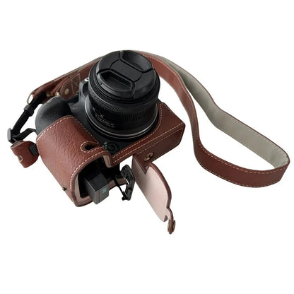 For Canon EOS R10 Buffalo Texture PU Leather Bottom Case Half Body Camera Cover with Shoulder Strap