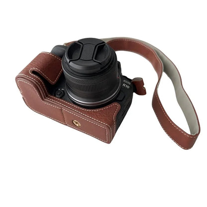 For Canon EOS R10 Buffalo Texture PU Leather Bottom Case Half Body Camera Cover with Shoulder Strap