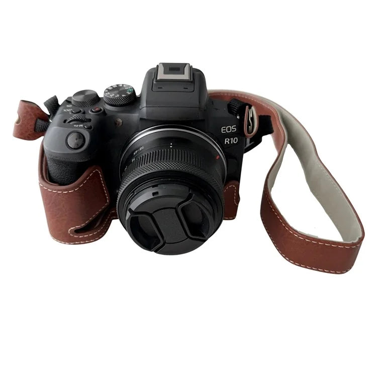 For Canon EOS R10 Buffalo Texture PU Leather Bottom Case Half Body Camera Cover with Shoulder Strap
