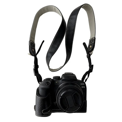 For Canon EOS R10 Buffalo Texture PU Leather Bottom Case Half Body Camera Cover with Shoulder Strap