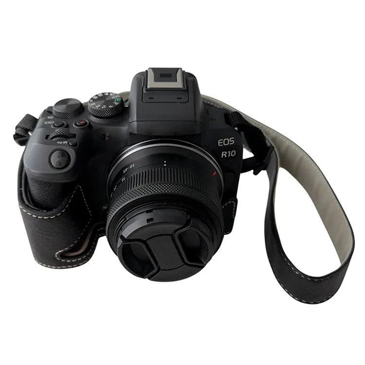 For Canon EOS R10 Buffalo Texture PU Leather Bottom Case Half Body Camera Cover with Shoulder Strap