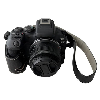 For Canon EOS R10 Buffalo Texture PU Leather Bottom Case Half Body Camera Cover with Shoulder Strap