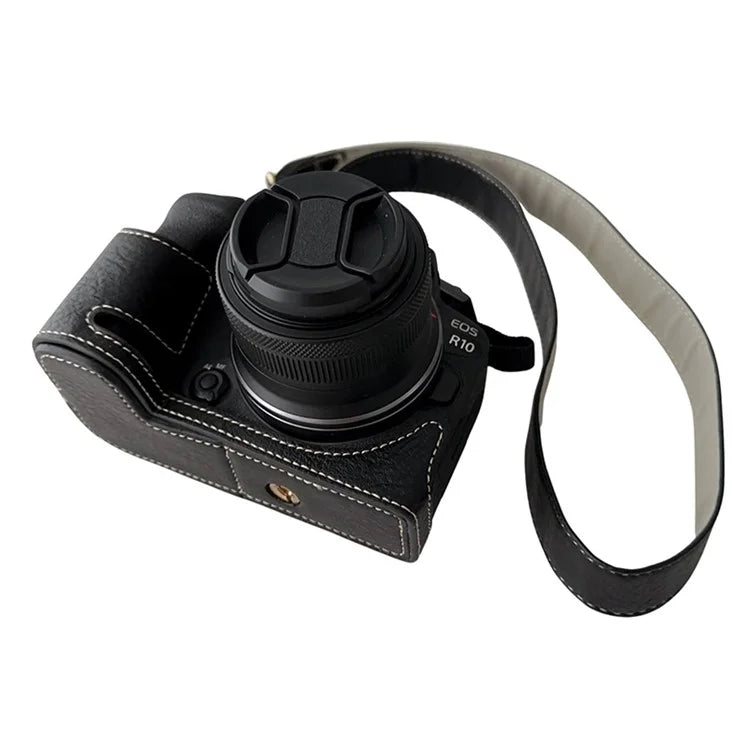 For Canon EOS R10 Buffalo Texture PU Leather Bottom Case Half Body Camera Cover with Shoulder Strap