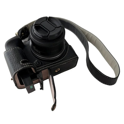 For Canon EOS R10 Buffalo Texture PU Leather Bottom Case Half Body Camera Cover with Shoulder Strap