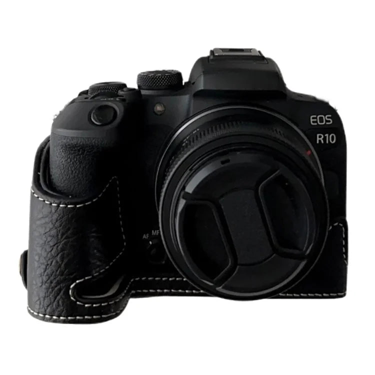 For Canon EOS R10 Buffalo Texture PU Leather Bottom Case Half Body Camera Anti-drop Cover