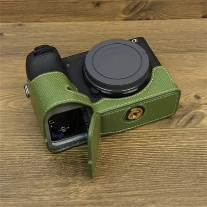 For Sony A6700 Dustproof PU Leather Camera Bottom Cover Half Body Case with Wrist Strap