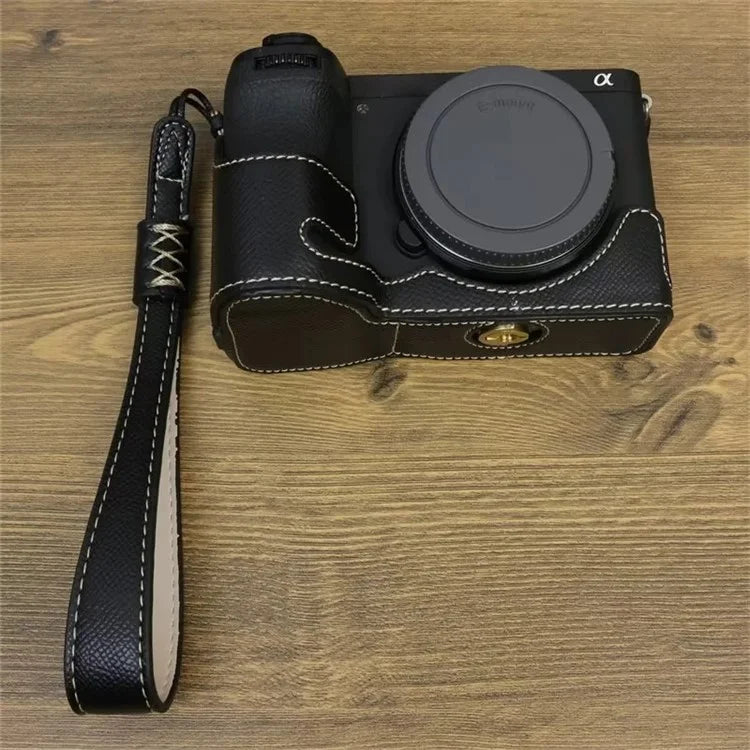 For Sony A6700 Dustproof PU Leather Camera Bottom Cover Half Body Case with Wrist Strap