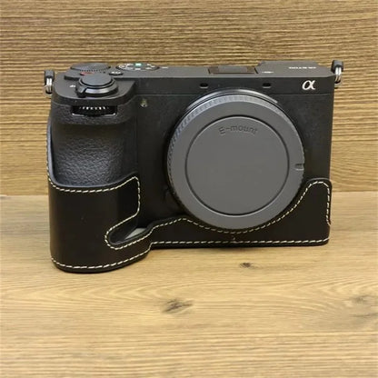 For Sony A6700 Dustproof PU Leather Camera Bottom Cover Half Body Case with Wrist Strap
