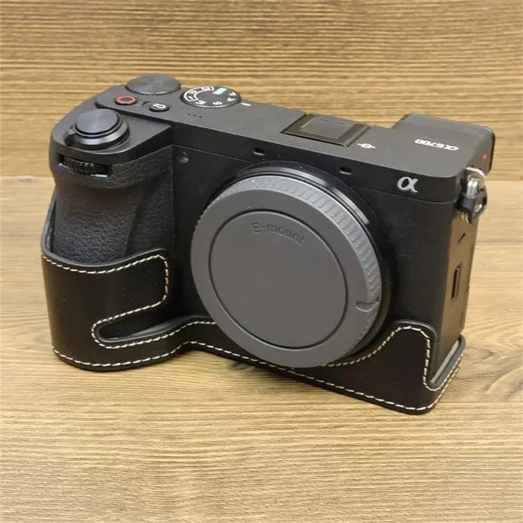 For Sony A6700 Dustproof PU Leather Camera Bottom Cover Half Body Case with Wrist Strap