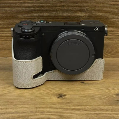 For Sony A6700 Dustproof PU Leather Camera Bottom Cover Half Body Case with Wrist Strap