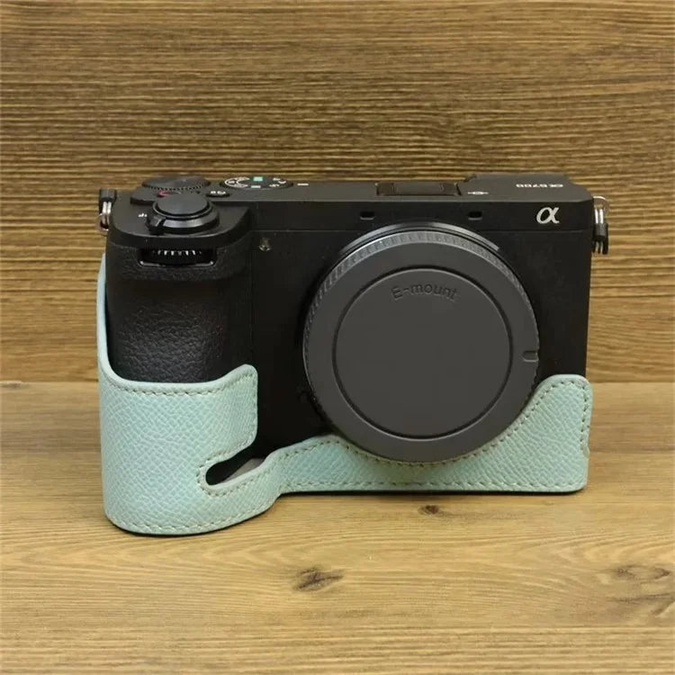 For Sony A6700 Dustproof PU Leather Camera Bottom Cover Half Body Case with Wrist Strap