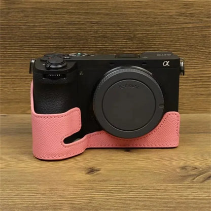 For Sony A6700 Dustproof PU Leather Camera Bottom Cover Half Body Case with Wrist Strap