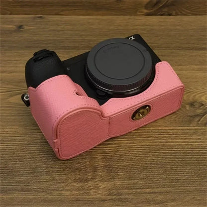 For Sony A6700 Dustproof PU Leather Camera Bottom Cover Half Body Case with Wrist Strap