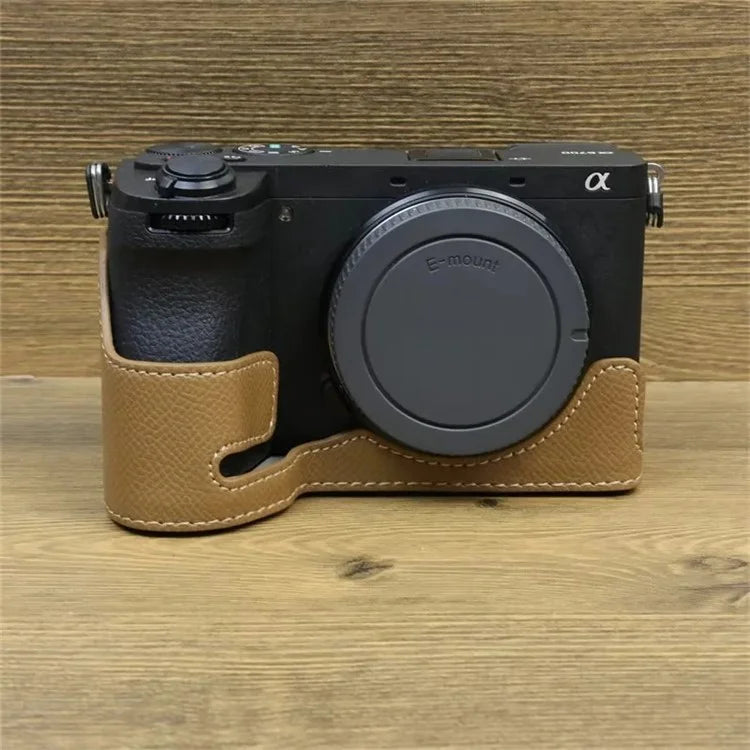 For Sony A6700 Dustproof PU Leather Camera Bottom Cover Half Body Case with Wrist Strap