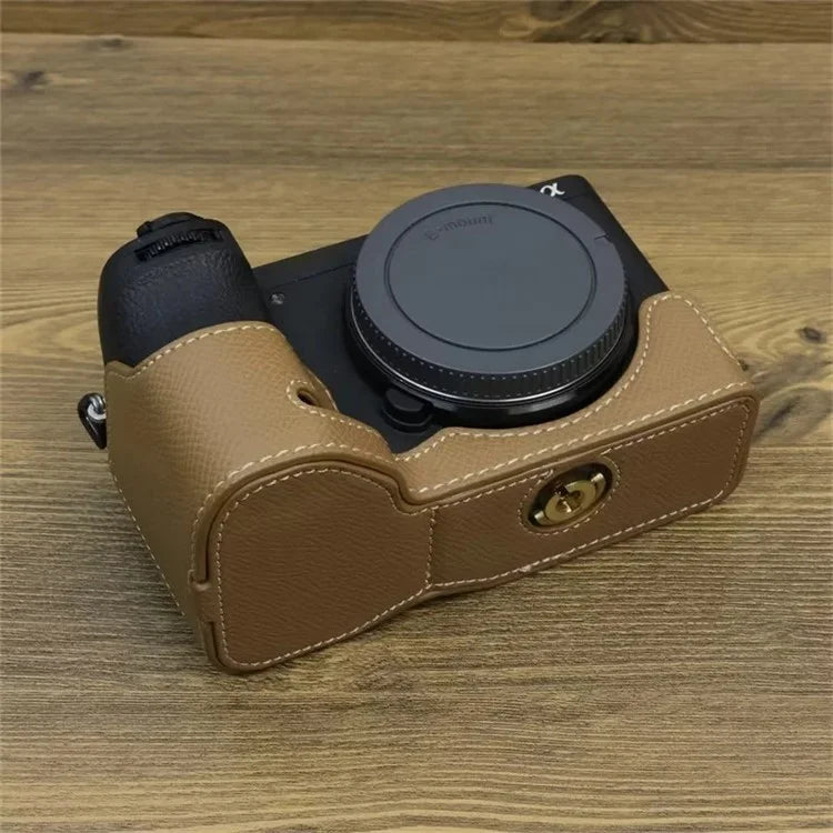 For Sony A6700 Dustproof PU Leather Camera Bottom Cover Half Body Case with Wrist Strap