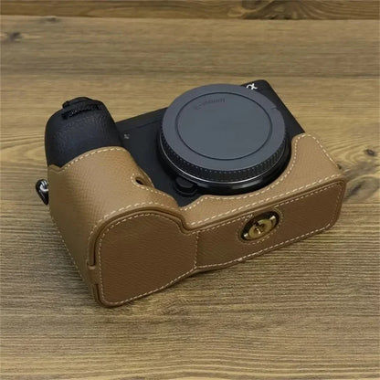 For Sony A6700 Dustproof PU Leather Camera Bottom Cover Half Body Case with Wrist Strap