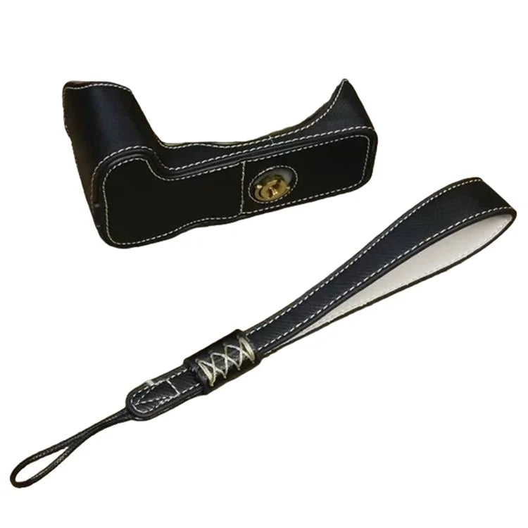 For Canon EOS 200D / 200D II PU Leather Camera Bottom Cover Screw Design Half Body Case with Strap