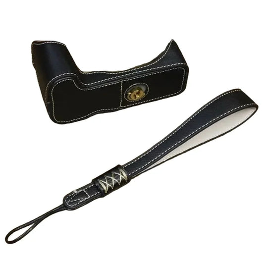 For Canon EOS 200D / 200D II PU Leather Camera Bottom Cover Screw Design Half Body Case with Strap